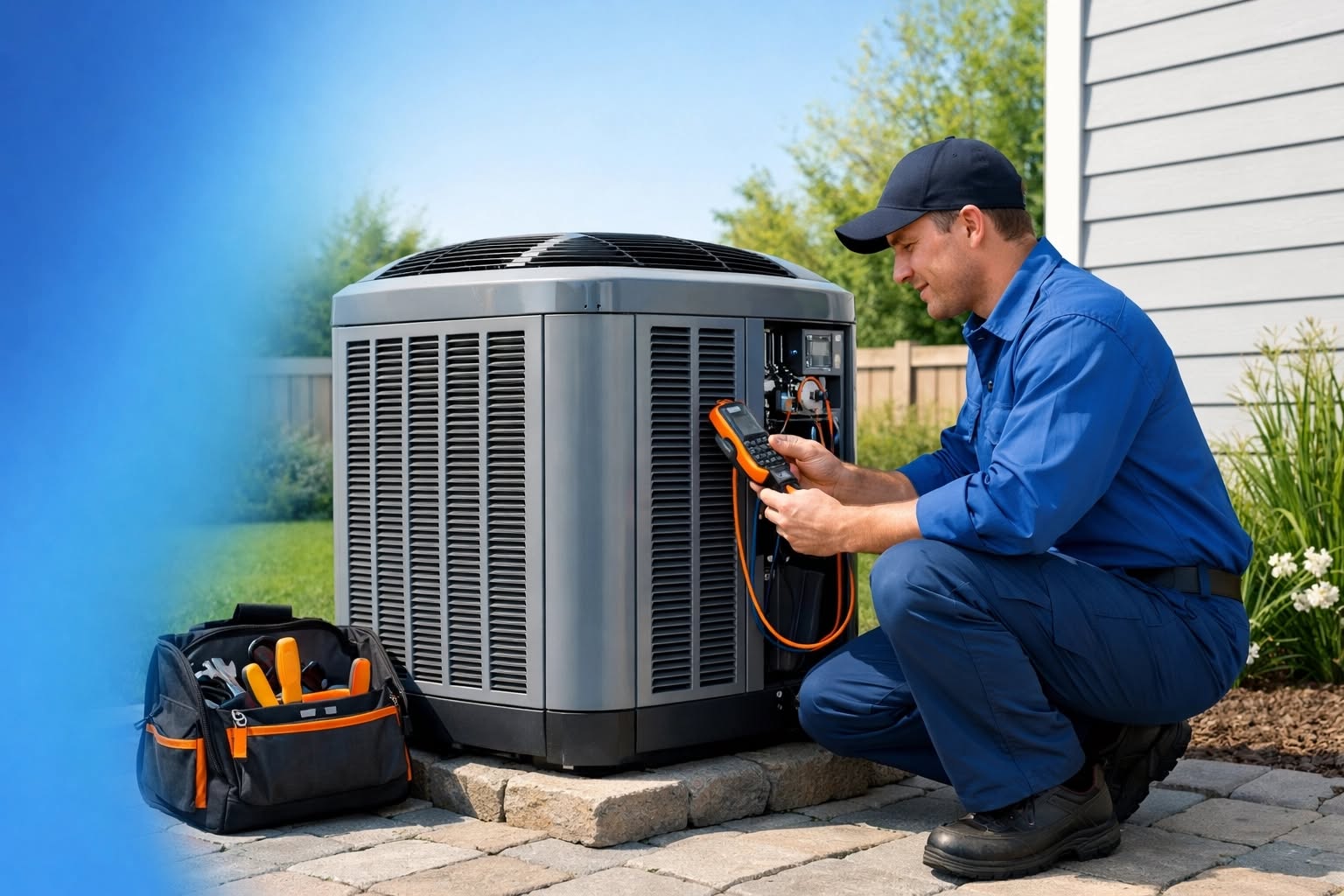 HVAC technician performing air conditioner maintenance and diagnostics on an outdoor AC unit at a residential home during summer service visit.