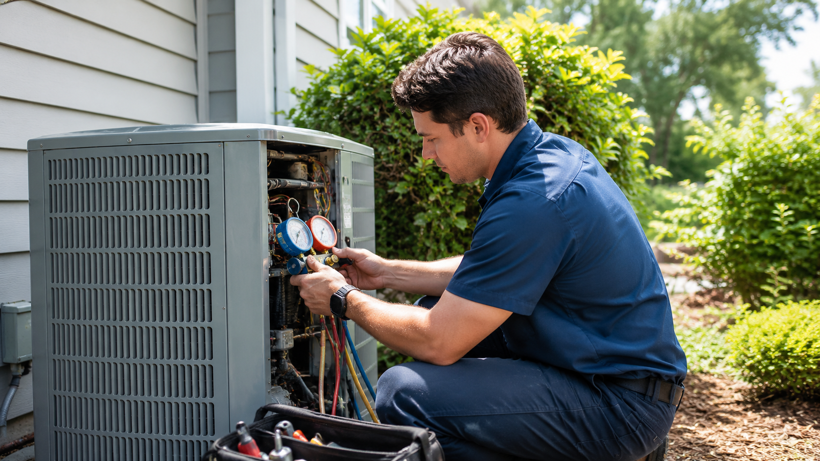 HVAC technician performing AC maintenance on an outdoor unit at a Joplin, MO home.