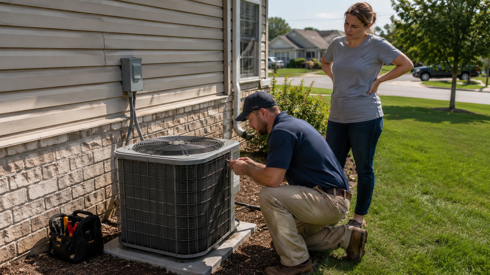 HVAC technician inspecting an outdoor AC unit beside a home in Webb City, MO.